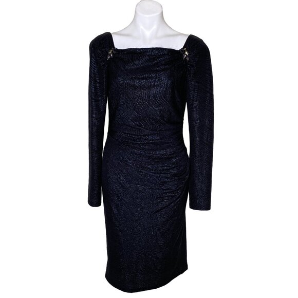 David Meister Black Metallic Beaded Cocktail Dress, Long Sleeves Women’s Size 8 - Picture 1 of 8